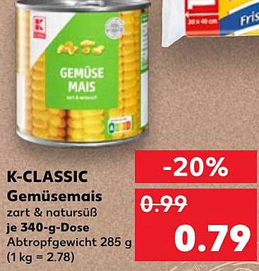 K-CLASSIC Gemüsemais zart & natursüß je 340-g-Dose