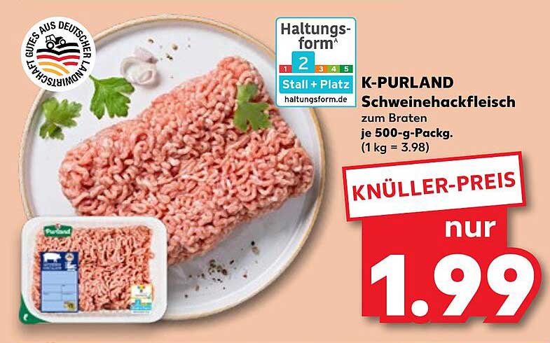 K-PURLAND Schweinehackfleisch zum Braten je 500-g-Pack.
