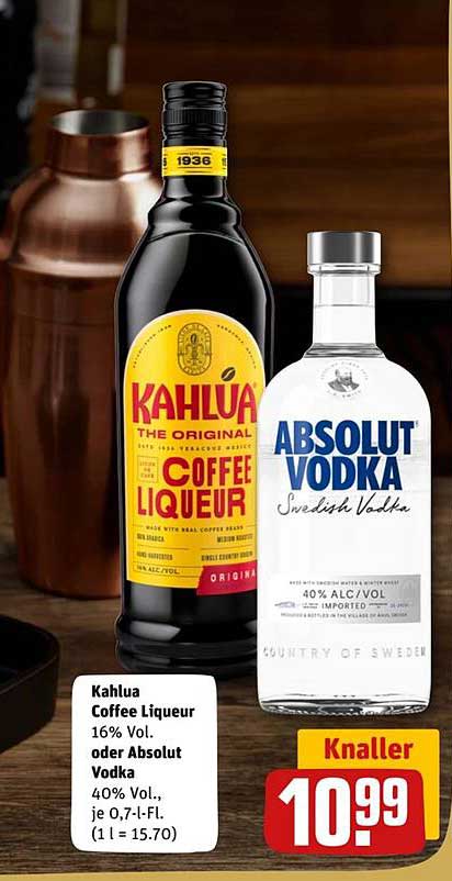 Kahlua Coffee Liqueur 16% Vol. oder Absolut Vodka 40% Vol.