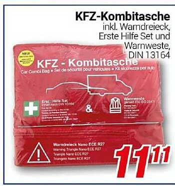 KFZ-Kombitasche inkl. Warndreieck, Erste Hilfe Set und Warnweste, DIN 13164