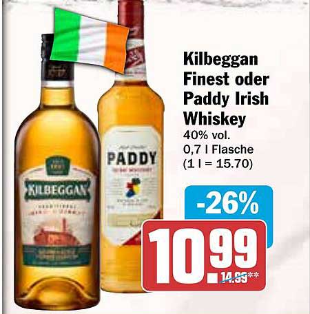 Kilbeggan Finest oder Paddy Irish Whiskey 0,7 l Flasche