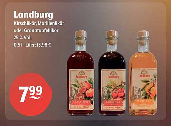 Landburg Kirschlikör, Marillenlikör oder Granatapfellikör 0,5 l - 25 % Vol.