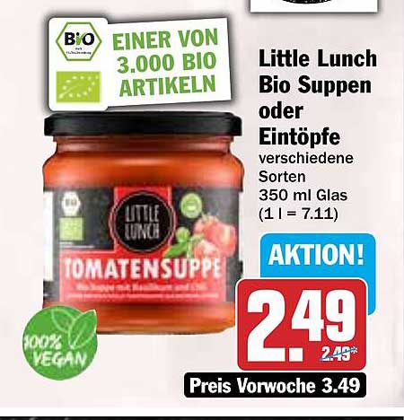 Little Lunch Bio Suppen oder Eintöpfe verschiedene Sorten 350 ml Glas (1 l = 7.11)