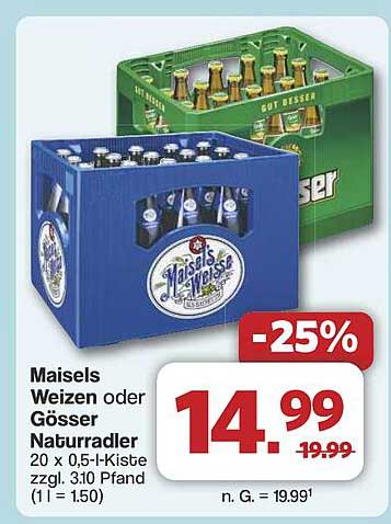 Maisels Weizen oder Gösser Naturradler 20 x 0,5 l-Kiste