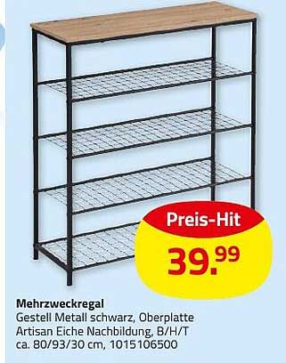 Mehrzweckregal mit schwarzem Metallgestell und Oberplatte in Artisan Eiche Nachbildung
