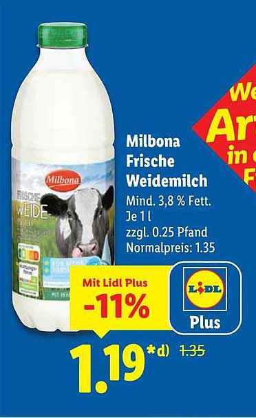Milbona Frische Weidemilch 1 l - 11% Rabatt