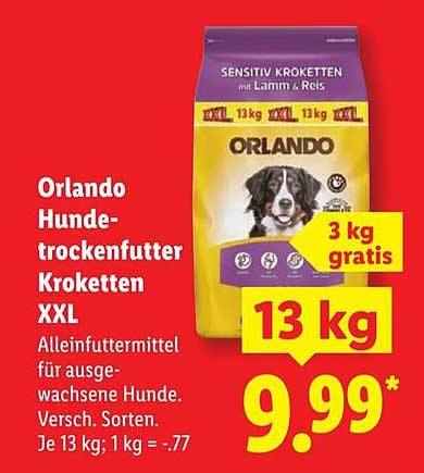 Orlando Hundefutter Trockenfutter Krokett XXL 13 kg mit 3 kg gratis