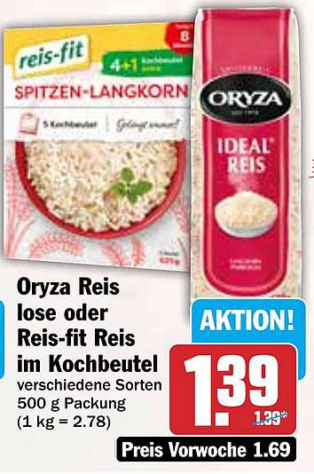 Oryza Reis lose oder Reis-fit Reis im Kochbeutel, 500 g Packung