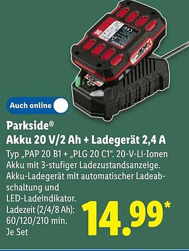 Parkside® Akku 20 V/2 Ah + Ladegerät 2,4 A
