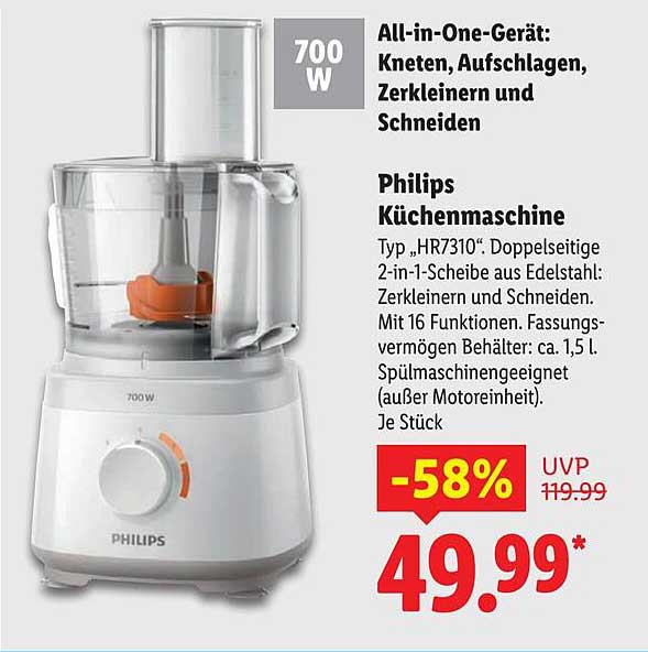 Philips Küchenmaschine Typ HR7310 – Kneten, Aufschlagen, Zerkleinern und Schneiden