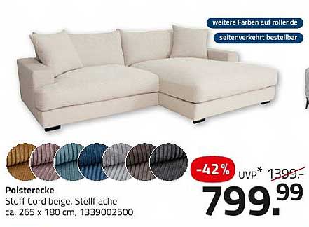 Polsterecke Stoff Cord beige, Stellfläche ca. 265 x 180 cm