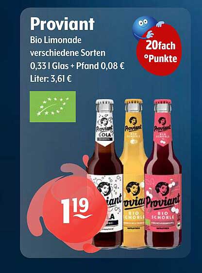 Proviant Bio Limonade verschiedene Sorten 0,33 l Glas + Pfand 0,08 €