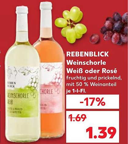 REBENBLICK Weinschorle Weiß oder Rosé fruchtig und prickelnd, mit 50 % Weinanteil je 1-I-Fl.