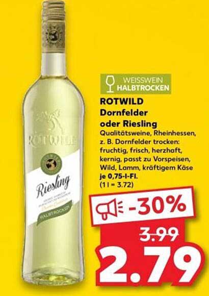 ROTWILD Dornfelder oder Riesling Halbtrocken 0,75 l
