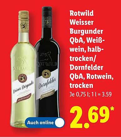 Rotwild Weisser Burgunder QbA und Dornfelder QbA - Weinangebot bei Lidl