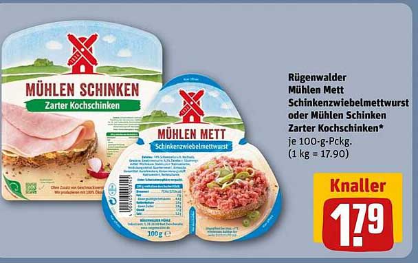 Rügenwalder Mühlen Mett Schinken-Zwiebelmett-Wurst oder Mühlen Schinken Zarter Kochschinken