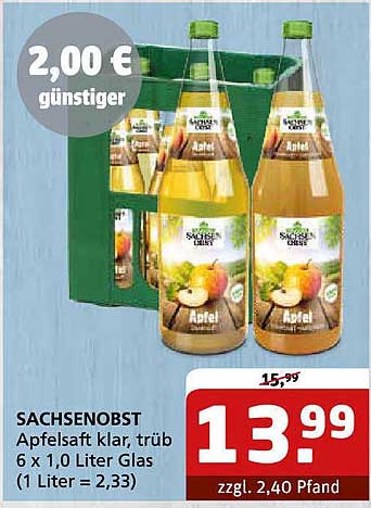 Sachsenobst Apfelsaft klar, trüb 6 x 1,0 Liter Glas