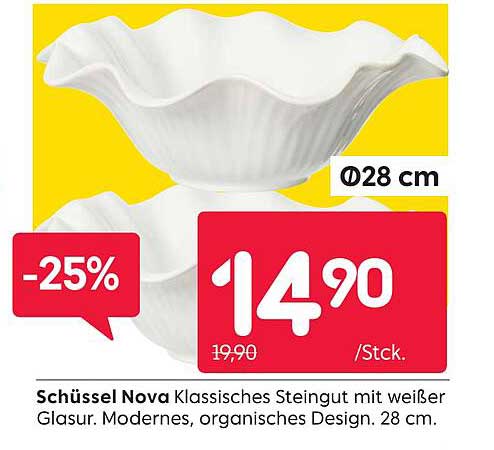 Schüssel Nova Klassisches Steingut mit weißer Glasur – 28 cm