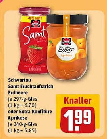 Schwartau Samt Fruchtaufstrich Erdbeere oder Extra Konfitüre Aprikose, je 297-g-Glas oder 340-g-Glas