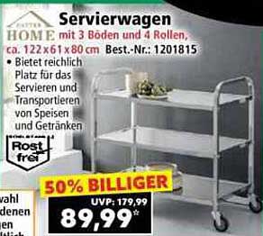 Servierwagen mit 3 Böden und 4 Rollen, ca. 122 x 61 x 80 cm