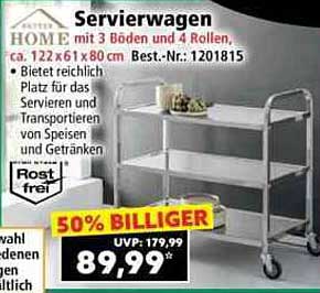 Servierwagen mit 3 Böden und 4 Rollen