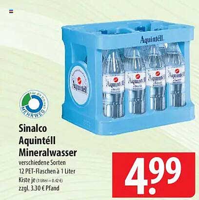 Sinalco Aquintell Mineralwasser 12 PET-Flaschen à 1 Liter