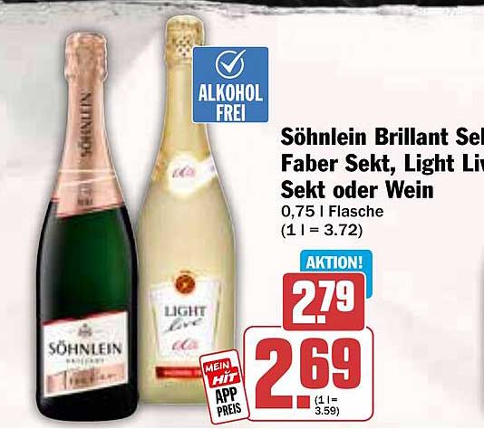 Söhnlein Brillant Sekt, Light Live Sekt oder Wein - 0,75 l Flasche
