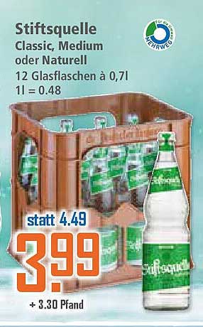 Stiftsquelle Classic, Medium oder Naturell - 12 Glasflaschen à 0,7l