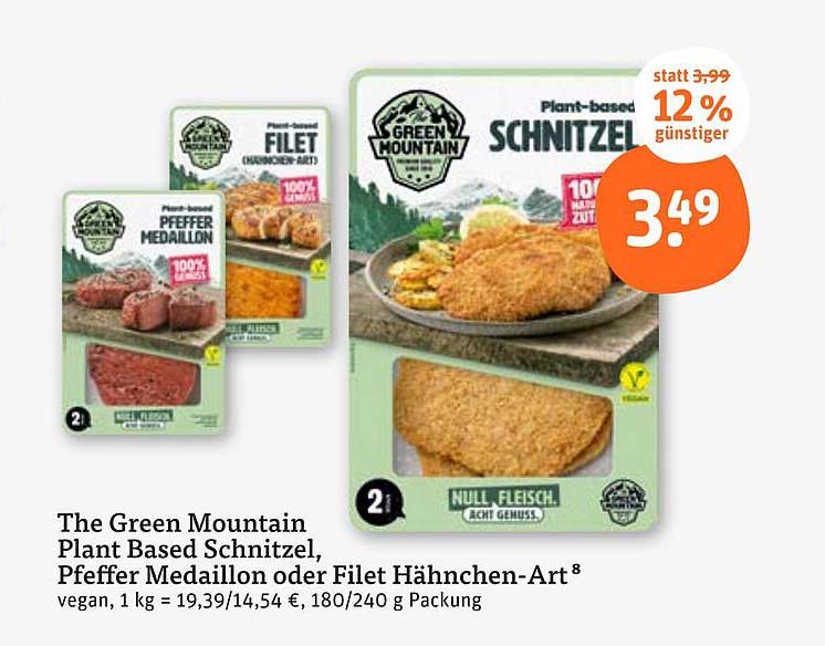 The Green Mountain Plant Based Schnitzel, Pfeffer Medaillon oder Filet Hähnchen-Art