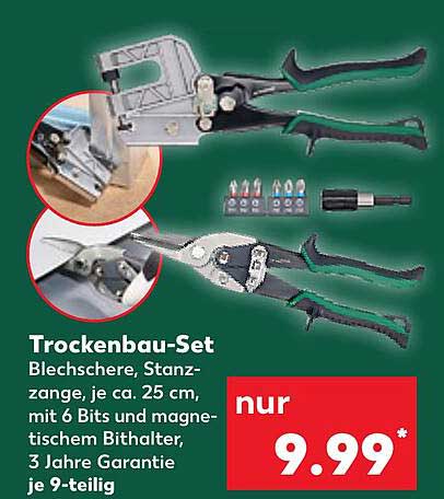 Trockenbau-Set Blechschere, Stanze zange, je ca. 25 cm, mit 6 Bits und magnetischem Bithalter, 3 Jahre Garantie je 9-teilig