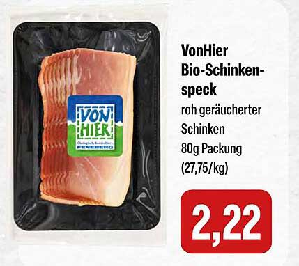 VonHier Bio-Schinken-Speck - roh geräucherter Schinken 80g Packung