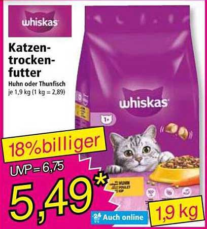 Whiskas Katzentrockennahrung Huhn oder Thunfisch 1,9 kg