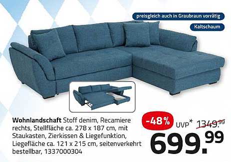 Wohlandschaft Stoff denim, Recamiere rechts, Stellfläche ca. 278 x 187 cm