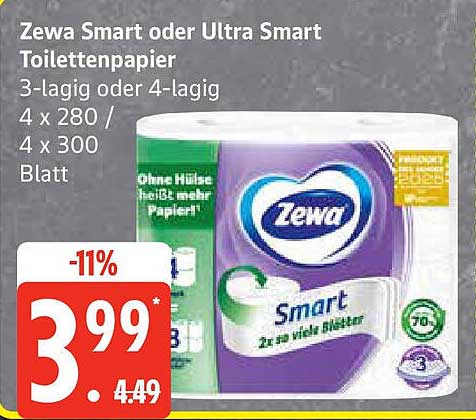 Zewa Smart oder Ultra Smart Toilettenpapier – 3-lagig oder 4-lagig – 4 x 280 / 4 x 300 Blatt