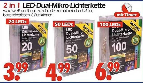 2 in 1 LED-Dual-Mikro-Lichterkette mit Timer - warmweiß und bunt