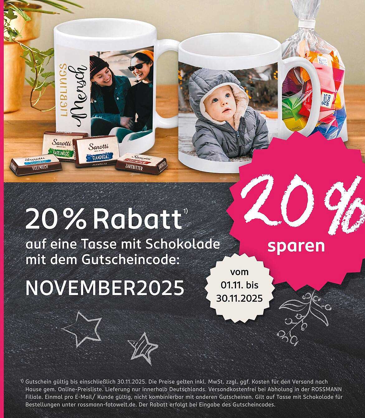20% Rabatt auf eine Tasse mit Schokolade - Gutschein: NOVEMBER2025