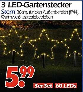 3 LED-Gartenstecker Stern 30cm, für den Außenbereich (IP44), Warmweiß, batteriebetrieben
