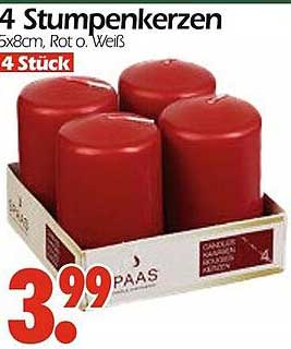 4 Stumpenkerzen 6x8cm, Rot o. Weiß (4 Stück)