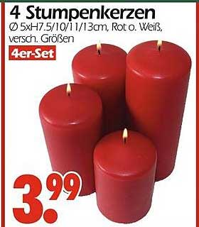 4 Stumpenkerzen - Ø 5xH7.5/10/11/13cm, Rot o. Weiß, versch. Größen