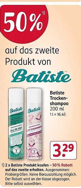 50% Rabatt auf das zweite Produkt von Batiste - Trocken-Shampoo 200 ml