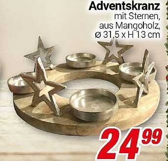 Adventskranz mit Sternen aus Mangoholz, Ø 31,5 x H 13 cm