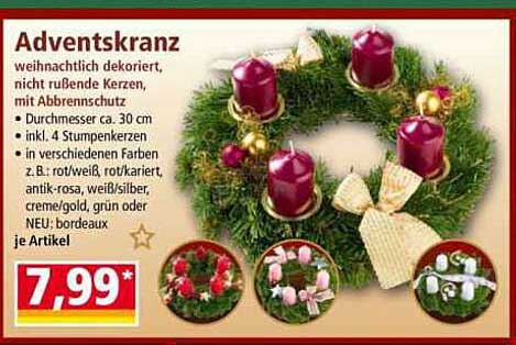 Adventskranz weihnachtlich dekoriert mit 4 Stumpenkerzen