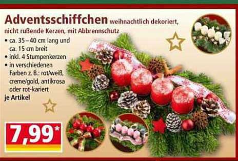 Adventsschiffchen weihnachtlich dekoriert, nicht rußende Kerzen, mit Abbrenschutz