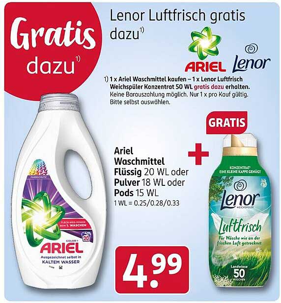 Ariel Waschmittel – Flüssig 20 WL oder Pulver 18 WL oder Pods 15 WL + Lenor Luftfrisch gratis dazu