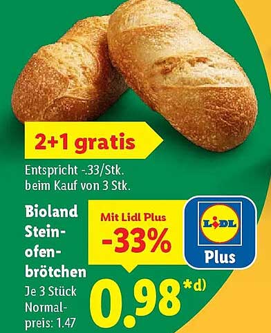 Bioland Steinofenbrötchen, 3 Stück zum Preis von 0,98 €