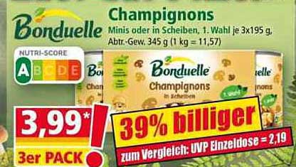 Bonduelle Champignons – Minis oder in Scheiben, 1. Wahl je 3x195 g