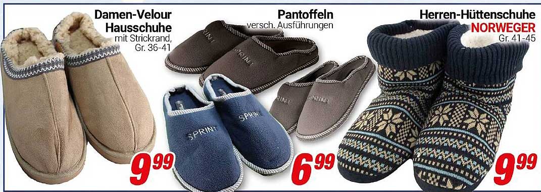 Damen-Velour Hausschuhe mit Strickrand, Gr. 36-41