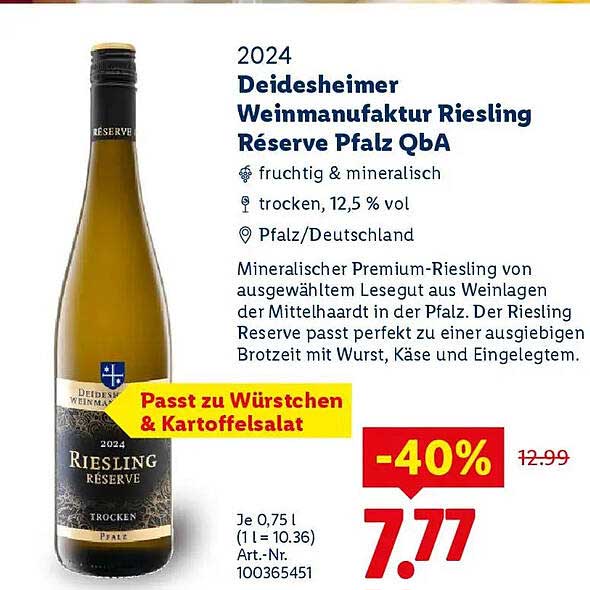 Deidesheimer Weinmanufaktur Riesling Reserve Pfalz QbA