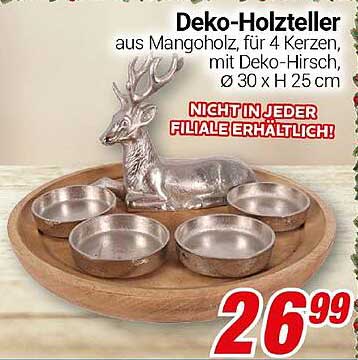 Deko-Holzteller aus Mangoholz für 4 Kerzen mit Deko-Hirsch, Ø 30 x H 25 cm