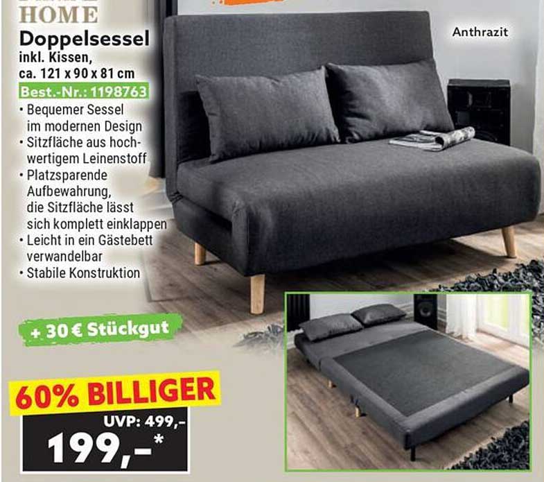 Doppelsessel Anthrazit inkl. Kissen, ca. 121 x 90 x 81 cm